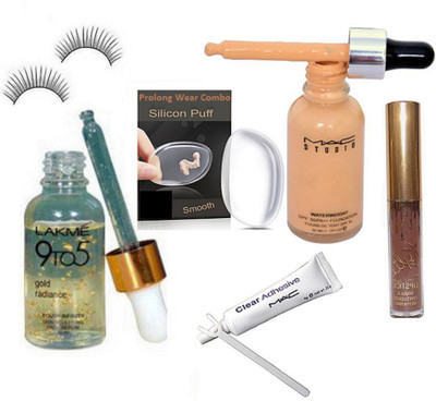 

Pro longwear combo Eyelashes&Clear Adhesive Eyelashes Glue,Gold radiance youth infinity skin face serum, Studio Foundation,Brithday Edition Liquid Lipgloss,Silicon Puff(Set of 6)