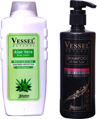 

Vessel Natural Aloe Vera Moisturizing Body Lotion with Sunscreen Protection, 650ml & All Hair Shampoo with Amla & Shikakai Extract, 500ml, Combo Pack(Set of 2)