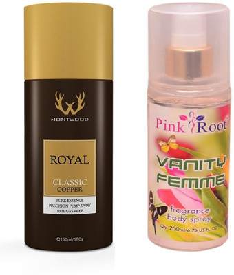 

Pink Root VANITY FEMME MIST WITH MONTWOOD ROYAL CLASSIC COPPER DEO 150ML(Set of 2)