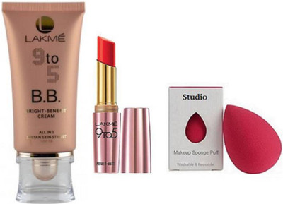 

studio Sponge puff,Lakme 9to5 BB Bright Benefit Cream, Primer Matte Lipstick(Set of 3)