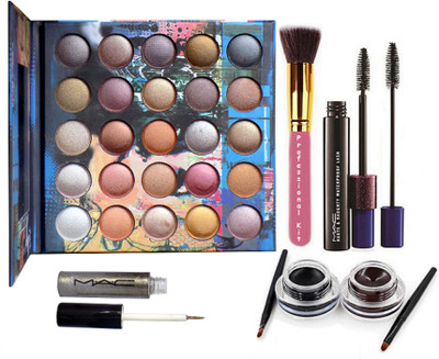 

Professional kit Make Up Brush, Mac 25 Shade Eyeshadow Palette, Haute And Naughty Mascara, Hello Kitty Eyeliner With Gliter Eyeliner(Set of 5)