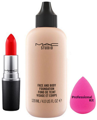 

professional kit Sponge puff & mac face and body foundation with matte finish long lasting lipstick(Set of 3)