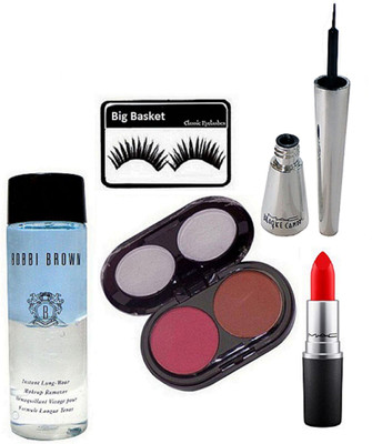 

big Basket Eyelashes, Mac 2 Shades Blusher, Mac Matte finish Lipstick, Brooke Candy Liquid Eyeliner, Bobbi Brown Instant Long Wear Makeup Remover(Set of 5)