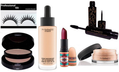 

professional kit Eyelashes & Mac Studio Water weight Foundation,Loose Powder, Pressed Powder Two Way Compact,Matte Finish Lipstick and mac 2 in 1 eyeliner and mascara(Set of 6)