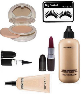 

big basket Eyelashes, Mac Face And Body Foundation, Mac lightfull compact,stick kajal with select cover up concealer & matte finish long lasting lipstick(Set of 6)