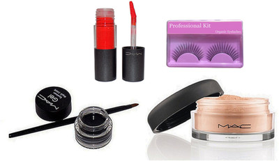 

Professional kit Eyelashes, Gel Eyeliner, Loose Powder Compact, Red Lipgloss(Set of 4)