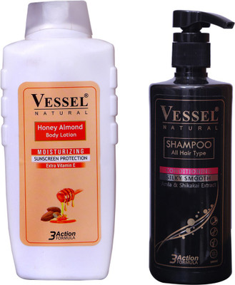 

vessel Natural Honey Almond Moisturizing Body Lotion with Sunscreen Protection, 650ml &All Hair Shampoo with Amla & Shikakai Extract, 500ml, Combo Pack(Set of 2)