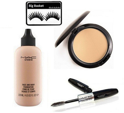 

big basket Eyelashes, Mac Face And Body Foundation,Studio Fix Compact,Colorbar Liner+Mascara(Set of 4)