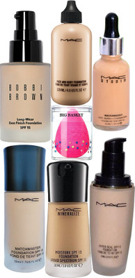 

big Basket sponge puff , mac match master , studio water weight , face and body , hyper real , mineralise moisture & boobi brown pro long wear foundation (set of 6)(Set of 7)