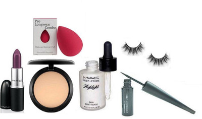 

Pro longwear combo Eyelasehs&Mac Prep Prime Skin Base Visage Highlighter,Liquidlast Eyeliner,Studio fix Compact,Matte Finish Lipstick,Sponge Puff(Set of 6)
