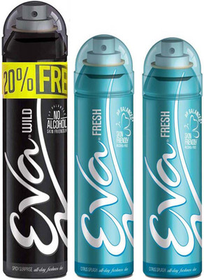 

EVA Deodorant Spray 20% FREE With 1 WILD Deo (125ml+25ml) + 2 FRESH Deo (125ml) No Alcohal, Skin Friendly Pack Of 3 Deodorant Spray - For Women(375 ml, Pack of 3)