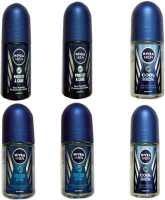 

Nivea MEN PROTECT & CARE ROLL ON DEODORANT25 ML+MEN FRESH ACTIVE ROLL ON DEODORANT 25 ML+MEN COOL KICK ROLL ON DEODORANT 25 ML Deodorant Spray - For Men & Women(25 ml, Pack of 6)