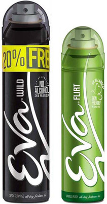 

EVA Deodorant Spray, WILD deo 125ml+25ml with 20% Extra, FLIRT deo 125ml - Combo 2 Deodorant Spray - For Women(250 ml, Pack of 2)