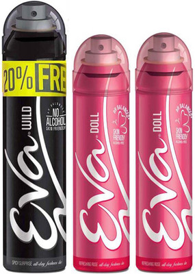 

EVA Deodorant Spray 20% FREE With 1 WILD Deo (125ml+25ml) + 2 DOLL Deo (125ml) No Alcohal, Skin Friendly Deodorant Spray - For Women(375 ml, Pack of 3)