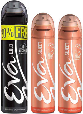 

EVA Deodorant Spray 20% FREE With 1 WILD (125ml+25ml) + 2 SWEET (125ml) No Alcohal, Skin Friendly Pack Of 3 Deodorant Spray - For Women(375 ml, Pack of 3)