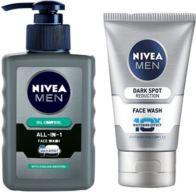 

Nivea MEN ALL IN 1 FACE WASH PUMP 65ml 2 Pcs + NVEA MEN DARK SPOT REDUCTION FACE WASH 100ml 2Pcs Face Wash(330 ml)