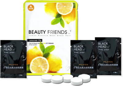 

PG Beauty Friends Lemon Essence Sheet Mask with Compress Mask and Blackhead/Whitehead Removing Charcoal Liquid peel 50 g(Set of 9)