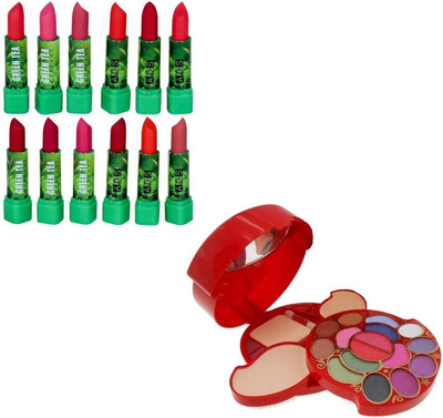 

GreenViji 12Pcs GreenTea Lipsticks with Makeup Kit(Eyeshadow,Blusher,Powder Cake,Lipcolour Fine) Combo(Pack of 13)