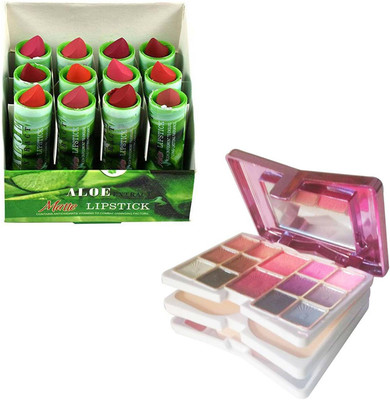 

GreenViji 12Pcs Aloe Vera Lipsticks with Makeup Kit(Eyeshadow,Blusher,Powder Cake,Lipcolour Fine) Combo(Pack of 13)