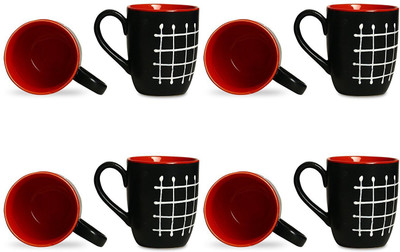 

caffeine Coffee Stoneware in Black & Red Leaf (Set of 8) Handmade Ceramic Mug(300 ml, Pack of 8)