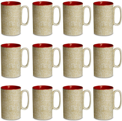 

caffeine Coffee Ceramic/Stoneware in Cream Crackle & Red Regular (Set of 12) Handmade Ceramic Mug(300 ml, Pack of 12), Brown
