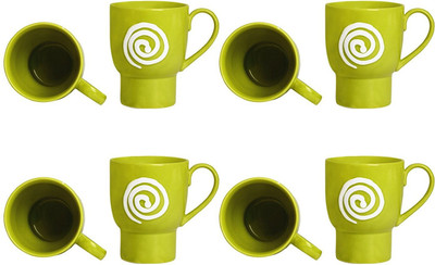 

caffeine Coffee Stoneware in Green & White Doodle Platform (Set of 8) Handmade Ceramic Mug(300 ml, Pack of 8), Yellow
