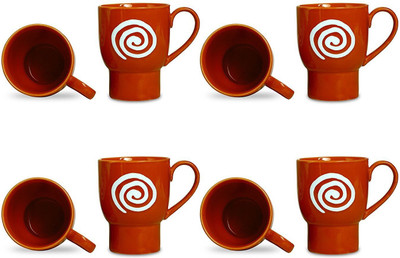 

caffeine Coffee Stoneware in Orange & White Doodle Platform (Set of 8) Handmade Ceramic Mug(300 ml, Pack of 8)