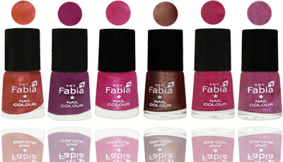 

FABIA 6pcs (6ml each) Glossy Shine Nail Polish Premium Collection for Wedding, Party, Collage Girls 224 Dark Peach-Shock Pink-Pink-Light Coffee-Magenta-Rani(Pack of 6)