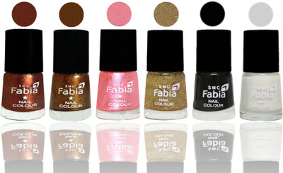 

FABIA 6pcs (6ml each) Glossy Shine Nail Polish Premium Collection for Wedding, Party, Collage Girls 264 Light Jerry Coffee-Dark Golden-Jerry Peach-Light Golden-Black-Top Coat(Pack of 6)