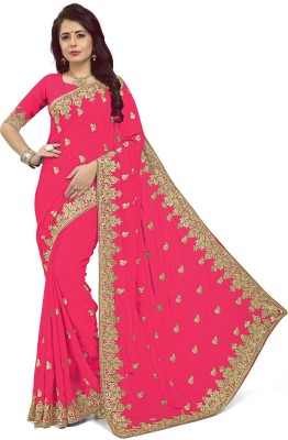 Om Shantam sarees Self Design, Temple Border, Embroidered, Embellished Bollywood Georgette Saree(Pink)