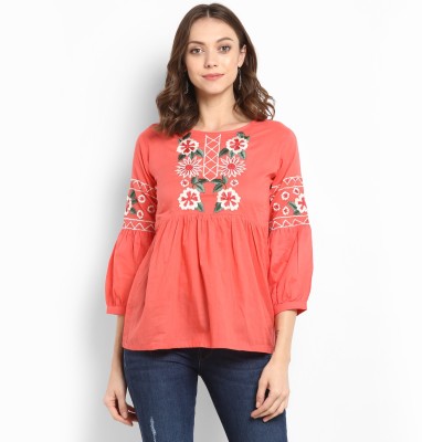 Bhama COUTURE Casual Puff Sleeve Embroidered Women Pink Top