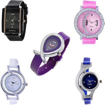

Morli Fresh Fashion Set Of 5 Multi Colored Multi Shaped Dial Combo Watch - For Girls