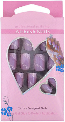 

One Personal Care Embroidered Airbrush Nails (Pink Gel Glue Inclusive) UBB166-011 Purple, White(Pack of 24)