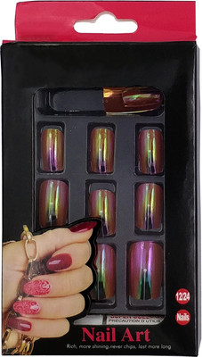 

One Personal Care Chrome Inspired Fluorescent Finish Square Oval Tip Enhancement with Nail Glue UB010-18 Multicolor(Pack of 12)