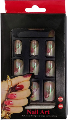 

One Personal Care Blazing Sun Inspired Chrome Finish Square Oval Tip Enhancement with Nail Glue UBB010-24 Red, Creamish Green(Pack of 12)