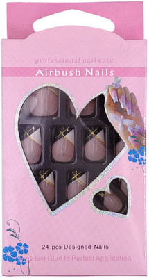 

One Personal Care Checkered Airbrush Nails (Pink Gel Glue Inclusive) UBB166-010 Pale Pink, Black, Beige, Gold(Pack of 24)