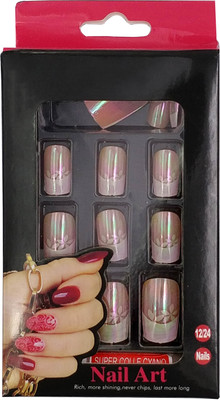 

One Personal Care Lotus Flower Inspired Chrome Finish Square Oval Tip Enhancement with Nail Glue UB010-15 Pink(Pack of 12)