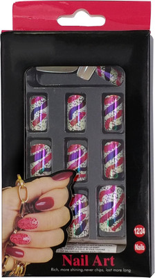 

One Personal Care Abstract Inspired Chrome Finish Square Oval Tip Enhancement with Nail Glue UB010-20 White, Pink, Purple(Pack of 12)