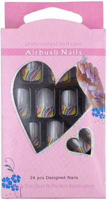 

One Personal Care Designer Airbrush Nails (Pink Gel Glue Inclusive) UBB166-06 Gray, Yellow, Blue, Pink(Pack of 24)