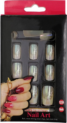 

One Personal Care Heart & Flower Inspired Chrome Finish Square Oval Tip Enhancement with Nail Glue UB010-16 Shiny Greenish Blue(Pack of 12)