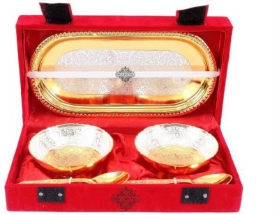 IndianArtVilla Silver Plated Serving Bowl Gift set of Gold Polished Embossed Design 2 Desert Bowl with 2 Spoon & 1 Tray (5 Pieces)(Pack of 5, Silver)