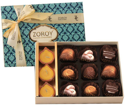 

Zoroy Luxury Chocolate Diwali Combo box with 9 signature Chocolates and 3 Diyas Fudges(400 g)