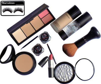 

marvalous Sponge Puff And Viva Glam Blush+Compact Palette & Gel Eyeliner,Matte Finish Long Lasting Lipstick,Illuminator,Matchmaster Foundation,Skin Base Visage Primer,Studio Fix Compact,Makeup Brush(Set of 9)