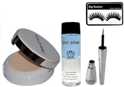 

big Basket Eyelashes, Brooke Candy Liquid Eyeliner, Bobbi Brown Instant Long Wear Makeup Remover, Colorbar Compact(Set of 4)