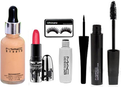 

Ultimate Eyelashes, Mac Studio Waterweight Foundation, Liquid Eyeliner & Haute and Naughty Mascara, Brook Candy Lipstick(Set of 5)