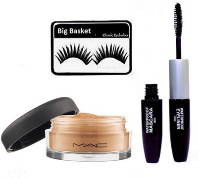 

big basket Eyelashes, Mac Select Sheer Loose Powder & Colorbar 2 in 1 Eyeliner+Mascara(Set of 3)