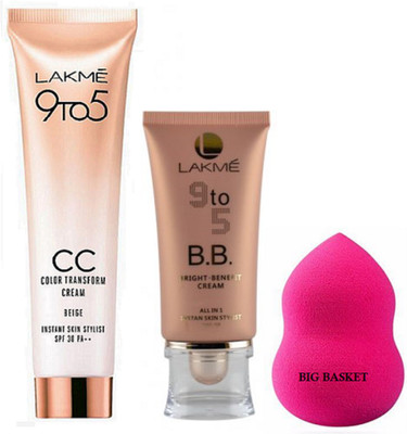 

big Basket sponge puff, Lakme 9 to 5 CC color transform creram with B.B. bright benefit all in 1 instant skin stylist SPF 20(Set of 3)