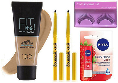 

Professional kit Eyelashes, May. Colossal K. Pack Of 2, Fit Me Foundation, Nivea Fruity Shine Lipbalm(Set of 5)