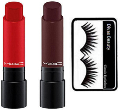 

divas beauty Eyelashes And Mac liptensity Life's blood & Double Fudge Lipstick(Set of 3)