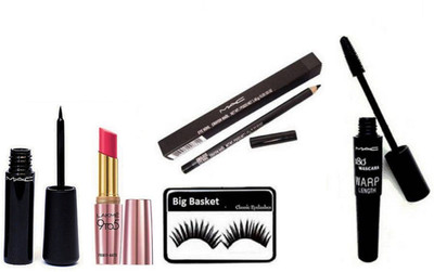 

big Basket Eyelashes, Liquid Eyeliner liquidlast liner Eve-Liner,180 Warp Lenght Upward lash Mascara & Pencil K, 9 to 5 Primer + Matte Lipstick Pink Perfect(Set of 5)